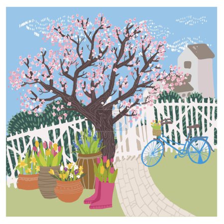 Téléchargez les illustrations : Sakura arbre au printemps dans le jardin ou la cour dans la campagne. Flore japonaise de fleurs de cerisier, plantes dans des pots créatifs. Vélo par clôture en bois, pelouse avec herbe fraîche. Vecteur printanier en style plat - en licence libre de droit