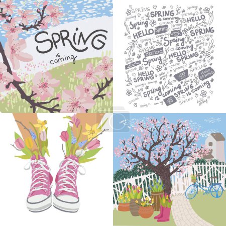 Kirschblüte im Frühling, Sakura-Baum wächst im Hof. Garten mit Pflanzen in Töpfen, saisonal gedeihen und Flora. Turnschuhe mit Tulpen und Sträußen, März und April. Vektor im flachen Stil