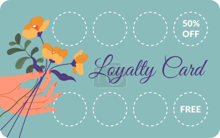 Discounts and free products for using loyalty card in shop or store. Bonus and sales, reduction of price and coupons for loyal clients and customers. Hand holding flowers. Vector in flat style