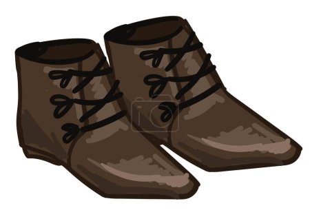 Illustration for Ancient leather boots, handmade footwear with leather, laces and comfortable model. Isolated traditional clothes and accessories of past times, old fashioned ethnic clothing. Vector in flat style - Royalty Free Image