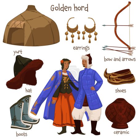 Illustration for Man and woman wearing clothes and accessories of Golden horde period. Mongol hut and jewelry, weapons and clothing. Boots and ceramics, bow and arrows with hat with fur. Vector in flat style - Royalty Free Image