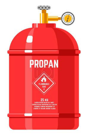 Illustration for Flammable propane or butane in canister with pressure, dangerous flammable liquid, source of energy for domestic and industrial purposes usage. Gas or gasoline petroleum. Vector in flat style - Royalty Free Image