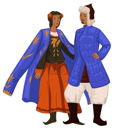 Ilustración de Personaje masculino y femenino que viste ropa y accesorios de la época de la Horda de Oro. Mongol hombre y mujer en falda, pantalones y capas. Trajes históricos de gente antigua. Vector en estilo plano - Imagen libre de derechos