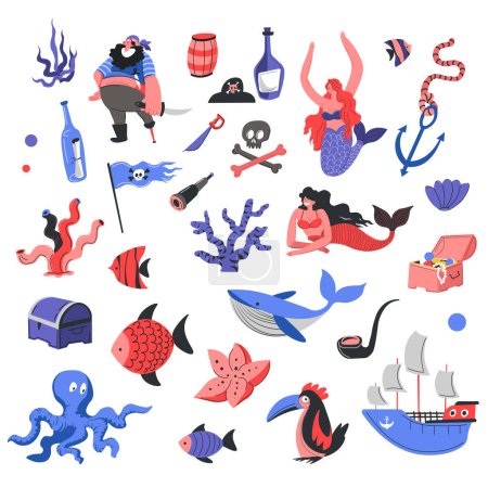 Marine and nautical life, underwater sea and ocean dwellers. Mermaid and seaweed, chest with pirate treasures, bottle of run and fish, octopus and ship with sails. Vector in flat style illustration