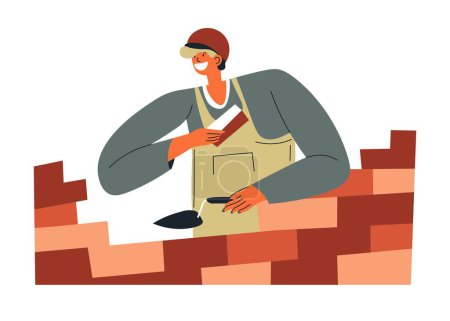 Illustration for Male character working on construction site using bricks and cement to build wall. Isolated bricklayer with instruments and materials for work. Professional maintenance of mortar. Vector in flat style - Royalty Free Image