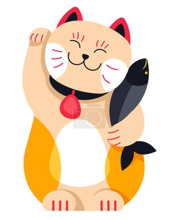 Illustration for Japanese culture mascot or talisman bringing luck and wealth. Smiling waving cat with fish, maneki neko. Oriental traditions and beliefs. Statuette of kitty symbol of richness. Vector in flat style - Royalty Free Image