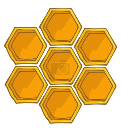 Ilustración de Apiario y agricultura producción ecológica de miel dulce, hexagonal aislado masoico de células de colmena para abejas para almacenar polen. Producto fresco, alimentación saludable de sabroso néctar líquido. Vector en estilo plano - Imagen libre de derechos