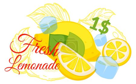 Illustration for Organic citrus beverage with ice, promotional banner of lemonade with mint. Selling drink for one dollar, advertisement and discount. Homemade cool liquid for summer season. Vector in flat style - Royalty Free Image