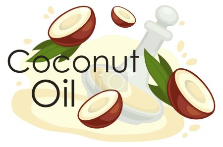 Illustration for Vitamins and minerals in coconut oil, exotic fatty liquid for health care treatment and cooking products. Natural and organic ingredient, nuts with leaves and bottle jar. Vector in flat style - Royalty Free Image