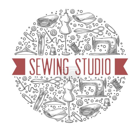 Illustration for Master class and education in sewing studio, label or emblem with monochrome sketch outlines. Materials and machines, needles and mannequins for creating models and design. Vector in flat style - Royalty Free Image