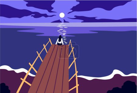 Téléchargez les illustrations : Personnage féminin assis sur une jetée en bois au bord du lac ou de la mer, regardant la pleine lune. Soirée romantique d'été, vacances et détente au bord de l'eau. Bassin ou bord de mer avec vagues et côte. Vecteur en style plat - en licence libre de droit