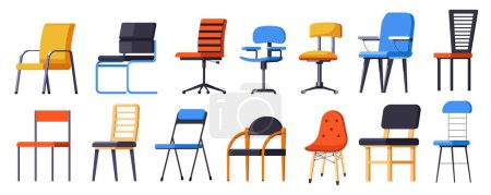 Sessel und Stühle mit minimalistischem und traditionellem Design, Wohn- oder Bürodesign. Interieur-Element in skandinavischer Optik, Holz- und Kunststoffmaterialien der Sitze. Vektor im flachen Stil