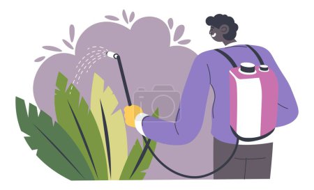 Illustration for Male character using sprayer for plants and foliage, fighting against bugs and protecting flora from harmful beetles. Agriculture and gardening, farming and countryside works. Vector in flat style - Royalty Free Image