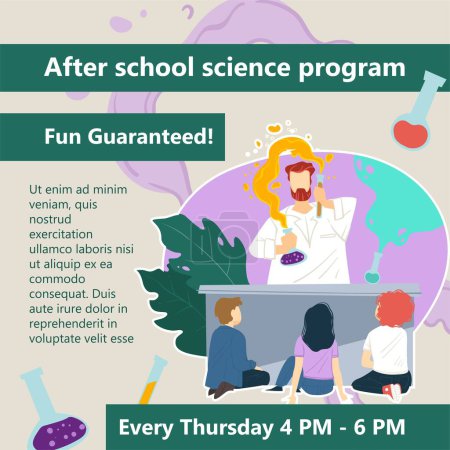 Illustration for School science programs and projects for children development and improvement of skills and knowledge. Teacher showing experiments and chemical reaction. Learning and education, vector in flat - Royalty Free Image