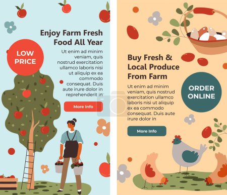Illustration for Buy fresh and local produce from farm, organic and natural food all year. Grocery and fruits, vegetable and poultry meat and eggs. Online internet shop, website sample, vector in flat style - Royalty Free Image