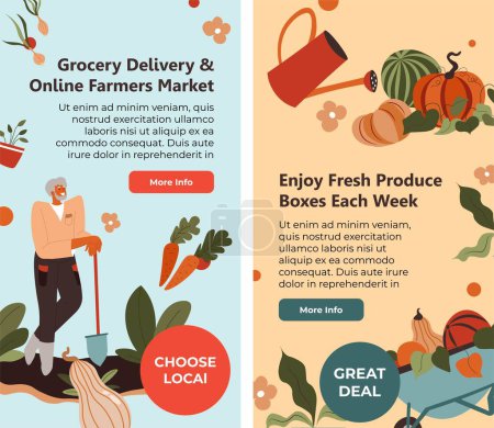Online grocery delivery, farmers market, enjoy fresh produce boxes each week. Organic and natural production for cooking meal and dishes. Website landing pages template, vector in flat style