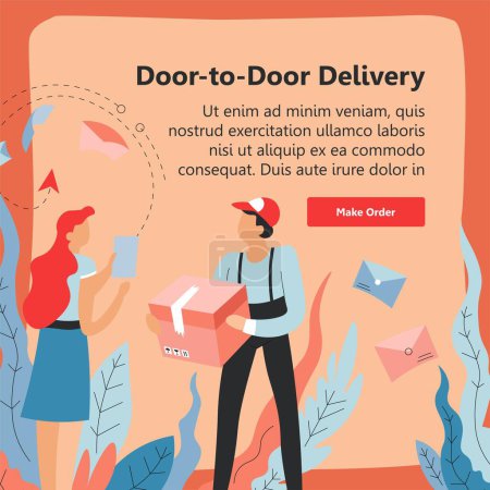 Illustration for Business shop or store selling products and delivering to door. Customer orient service, make order online and get your parcel in time. Website internet landing page template, vector in flat style - Royalty Free Image