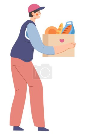 Illustration for Giving food for charity, donation and volunteering, helping people in need. Isolated teenager with bag of meal, freshly baked bread from bakery store and groceries from shop. Vector in flat style - Royalty Free Image