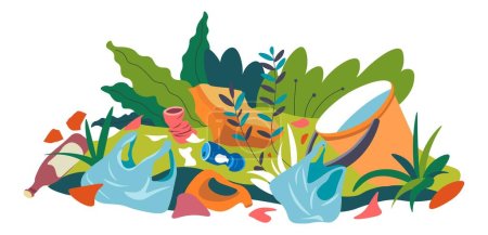 Illustration for Ecological disaster and catastrophe, forest or woods contaminated with garbage and trash. Environmental pollution and problems with ecosystem. Junk and litter, plastic bags. Vector in flat style - Royalty Free Image