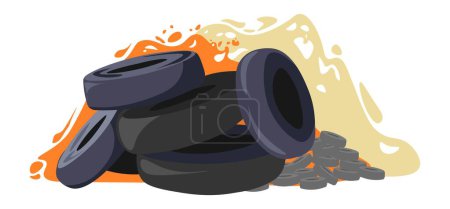 Illustration for Toxic fire with air pollution from burning car tyres. Isolated tires made of rubber in flames. Harmful smoke and contamination of surroundings. Recycling from landfill waste. Vector in flat style - Royalty Free Image