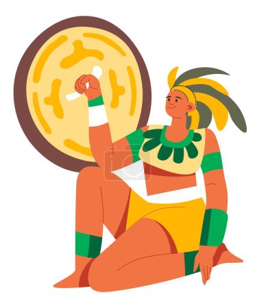 Illustration for Aztec or mayan emperor or king, ruler of ancient civilization. Male character sitting with shield protecting in battle or fight. Man with headgear made of leather and feather. Vector in flat style - Royalty Free Image