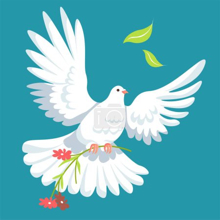 Illustration for Symbol of peace and independence, isolated flying dove with a branch of flower in bloom. Faith and religious feelings, charity concept. Pigeon animal with flora in claws. Vector in flat style - Royalty Free Image