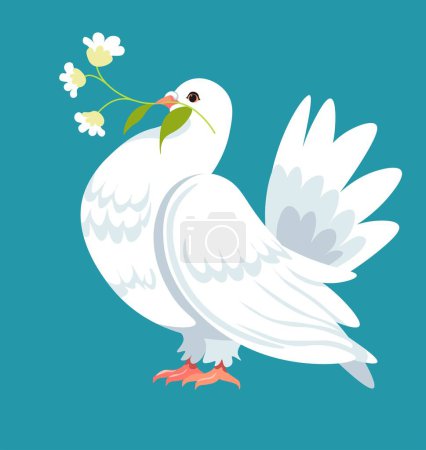 Illustration for Pigeon carrying flowers in beak, isolated dove with flower decoration. Pacifism and symbol of peace and tranquility in world. Spring or summer bird with blossom flora decor. Vector in flat style - Royalty Free Image