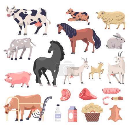 Animales de granja y agricultura, vacas y caballos aislados, cerdos y ovejas, conejos y cabras. producción de leche, carne de cerdo y embutidos, madera e ingredientes lácteos. Vector en estilo plano