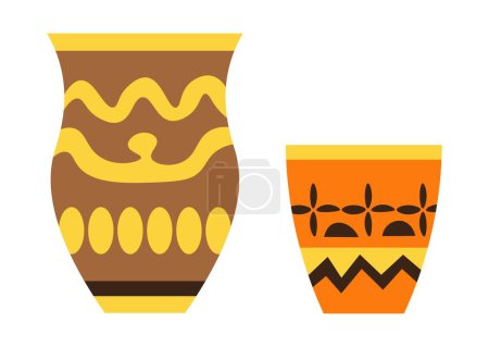 Téléchargez les illustrations : Ancient pot artwork, urn, or amphoras with ornamental motifs. Isolated decoration or exhibit for museum. African culture and history, archeological finding. Vector in flat style illustration - en licence libre de droit