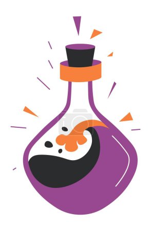 Téléchargez les illustrations : Elixir in vial, magic potion or spell for enchantment. Isolated bottle with a mysterious liquid. Witchcraft and esoteric practice. Herbal brew in jar with cork. Shamanism, vector in flat style - en licence libre de droit