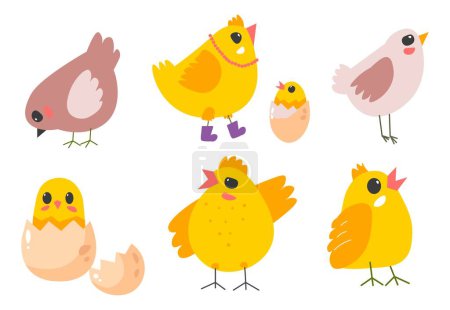 Illustration for Small chicken, isolated farm animals. Domestic pets and birds. Little newborn chick sitting in eggshell, hen wearing boots and necklace. Symbol of easter holiday in spring. Vector in flat style - Royalty Free Image