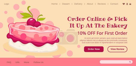 Illustration for Discounts for first order on cakes, purchase online and pick it up at bakery shop or store. Ten percent reduction of price. Website landing page template, internet web site. Vector in flat style - Royalty Free Image