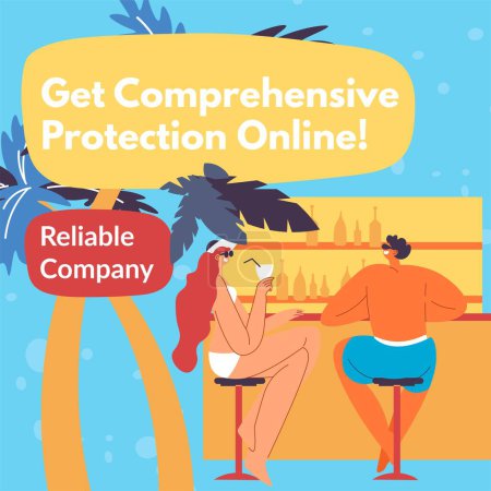 Ilustración de Reliable tourist agent company, get comprehensive protection online. People chilling at beach bar drinking cocktails and talking. Vacations or holidays by seaside in summer. Vector in flat style - Imagen libre de derechos