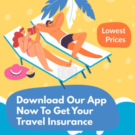 Ilustración de Travel insurance protection from problems in trip, download application and get discounts. Lowest prices for clients. Summer vacation and rest without worries. Vector in flat style illustration - Imagen libre de derechos