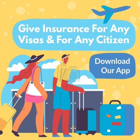 Ilustración de Insurance for any citizen and visa, download application and protect your trip. Summer vacation and rest abroad. Woman and man with baggage ready for traveling adventure. Vector in flat style - Imagen libre de derechos