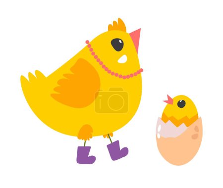 Ilustración de Farm characters, isolated chicken hen in boots wearing a necklace and cute chick in eggshell. Mother and kid, springtime symbol of Easter holiday celebration and farming. Vector in flat style - Imagen libre de derechos