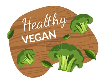 Illustration for Broccoli on wooden board, isolated icon of vegetables with copyscape. healthy vegan meal and products, menu for restaurant or cafe, bistro or diner. Logotype logo design. Vector in flat style - Royalty Free Image