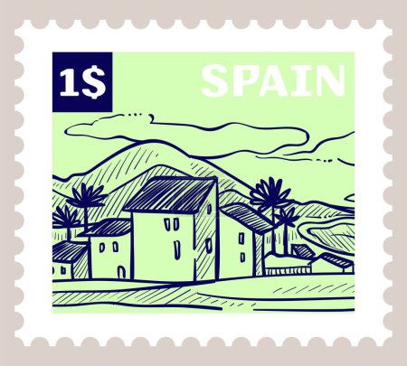 Illustration for Landscape of Spanish city with mountains, trees and buildings. Spain cityscape view, posting mark or letters. Postmark design, postal stamp in monochrome sketch outline. Vector in flat style - Royalty Free Image
