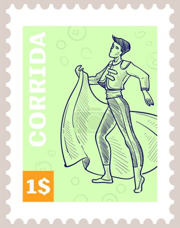 Illustration for Spanish culture and traditions, Corrida Spain postcard or imprinting for letters. Man with cape bullfighting. Postmark design, postal stamp in monochrome sketch outline. Vector in flat style - Royalty Free Image