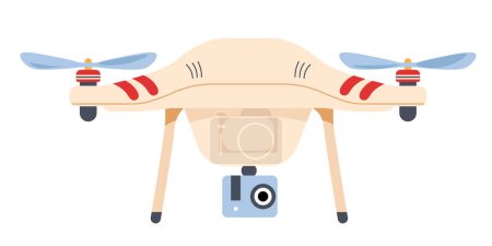 Ilustración de Drone automatizado con cámara, tecnologías modernas y gadgets para filmar y tomar fotos. Vigilancia y espionaje. Vehículo controlado con alas y lente de enfoque. Vector en ilustración de estilo plano - Imagen libre de derechos