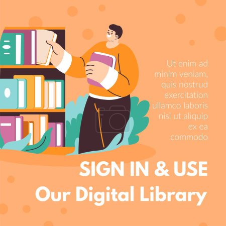 Illustration for Register and sign in, use our online digital library. Ebooks and publications for reading, student preparing for exam or person looking for literature to enjoy. Vector in flat style illustration - Royalty Free Image