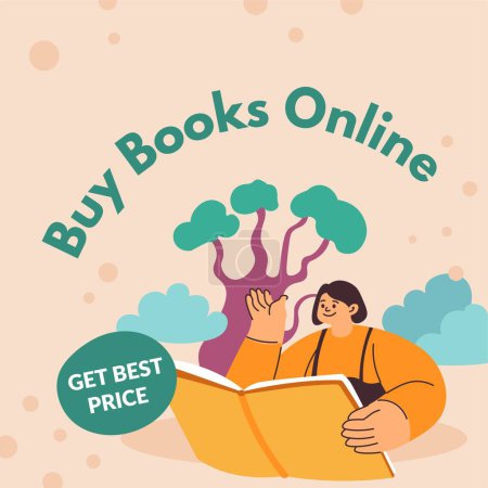 Illustration for Get best price buying books online. Person with publication enjoying reading fiction or novel, literature lover. Student with publication. Promotional banner or advertisement. Vector in flat style - Royalty Free Image