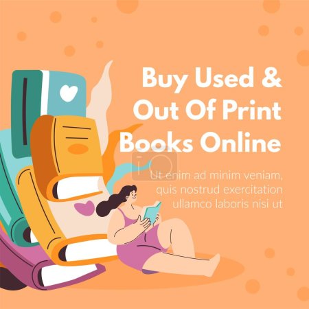 Illustration for Purchase used and out of print books, online service for buying publications and textbooks. Woman reading literature enjoying fiction. Promotional banner or advertisement. Vector in flat style - Royalty Free Image