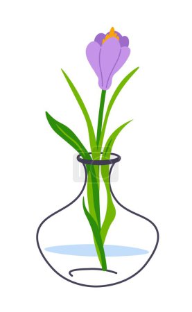 Téléchargez les illustrations : Décoration de fleurs pour la décoration intérieure de la maison. vase en verre isolé avec de l'eau et une flore florissante avec des tiges et des feuilles. Feuillage et végétation du printemps et de l'été. Vecteur en illustration de style plat - en licence libre de droit