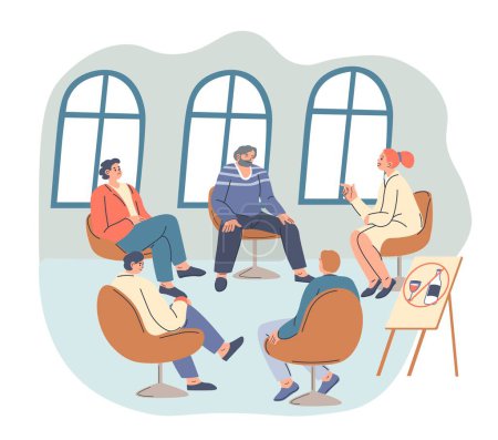 Illustration for Meeting of anonymous alcoholics sitting in circle and talking about the addiction. Support for people drinking alcohol. Help and assistance of mentor with psychological issues. Vector in flat style - Royalty Free Image