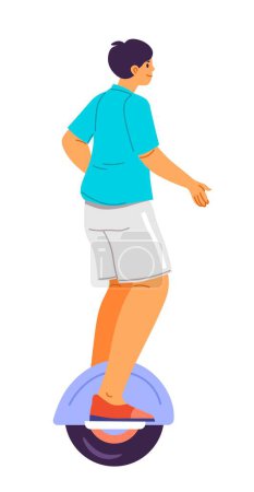 Illustration for Man on hoverboard, isolated ecologically friendly transport for personal usage. man riding or commuting to work. Helping nature and environment, caring for purity. Vector in flat style illustration - Royalty Free Image