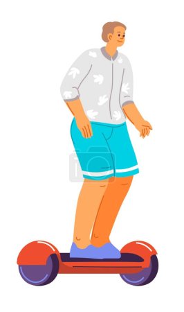 Illustration for Male character on hoverboard, isolated man personage riding ecologically friendly transport, saving nature and environmental awareness. Natural conservation and alternative to car. Vector in flat - Royalty Free Image