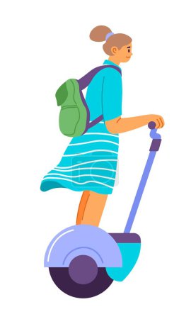 Illustration for Woman using electric unicycle to commute, isolated female character thinking of nature and environment. Eco renewable resources transport, rechargeable transportation means. Vector in flat style - Royalty Free Image