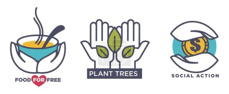Illustration for Volunteering and helping people and environment, isolated icons. Food for free, plant trees and raise money, social actions and donation to make life better. Vector in flat style illustration - Royalty Free Image