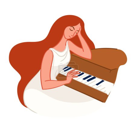 Ilustración de Pianista mujer con teclado piano tocando canciones y componiendo melodías. Orquesta o tocadiscos, concierto o festival, hobby o ocio para personaje femenino. Una chica talentosa. Vector en estilo plano - Imagen libre de derechos
